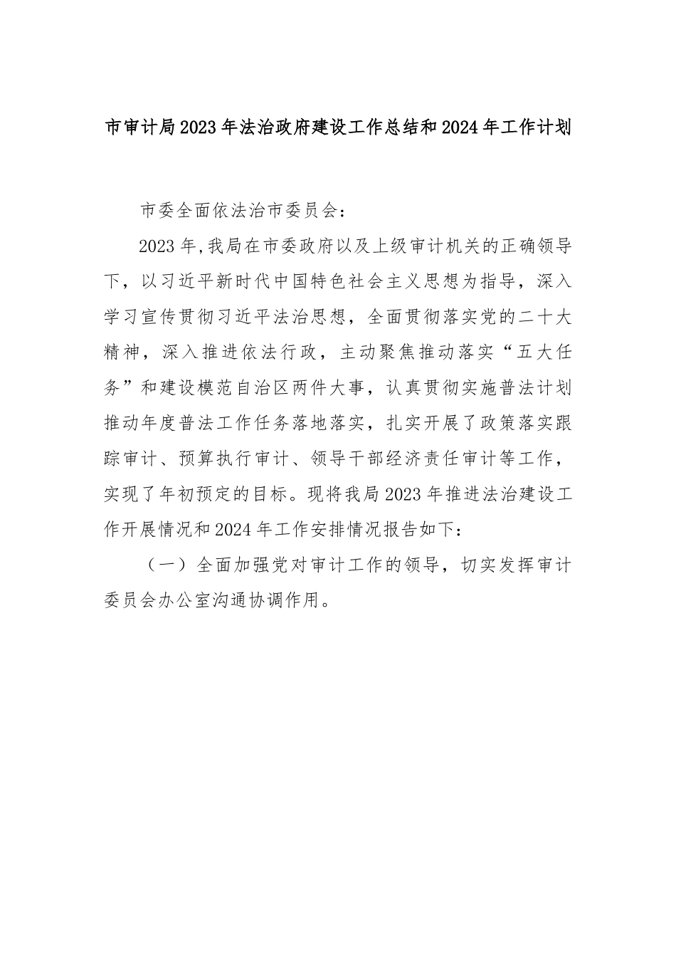 市审计局2023年法治政府建设工作总结和2024年工作计划.docx_第1页