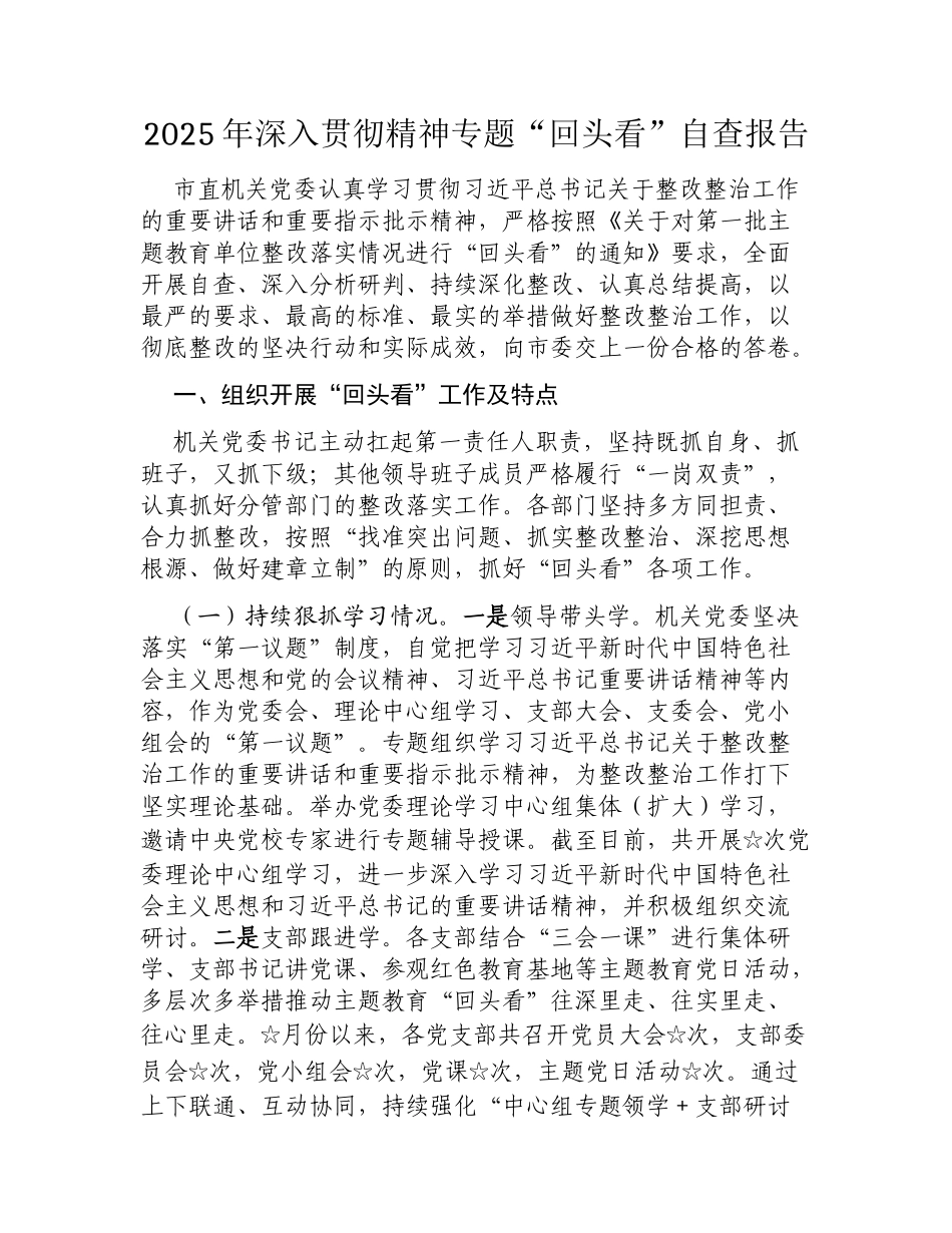 2025年深入贯彻精神专题“回头看”自查报告.docx_第1页