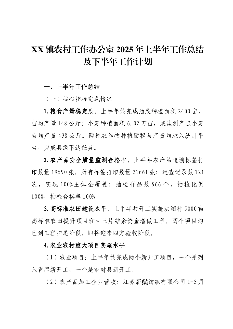 XX镇农村工作办公室2025年上半年工作总结及下半年工作计划.docx_第1页