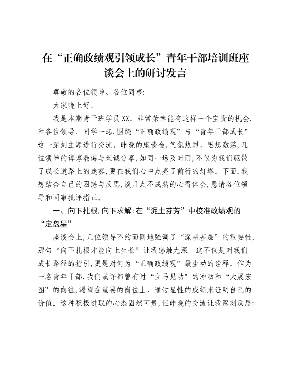 在“正确政绩观引领成长”青年干部培训班座谈会上的研讨发言.docx_第1页