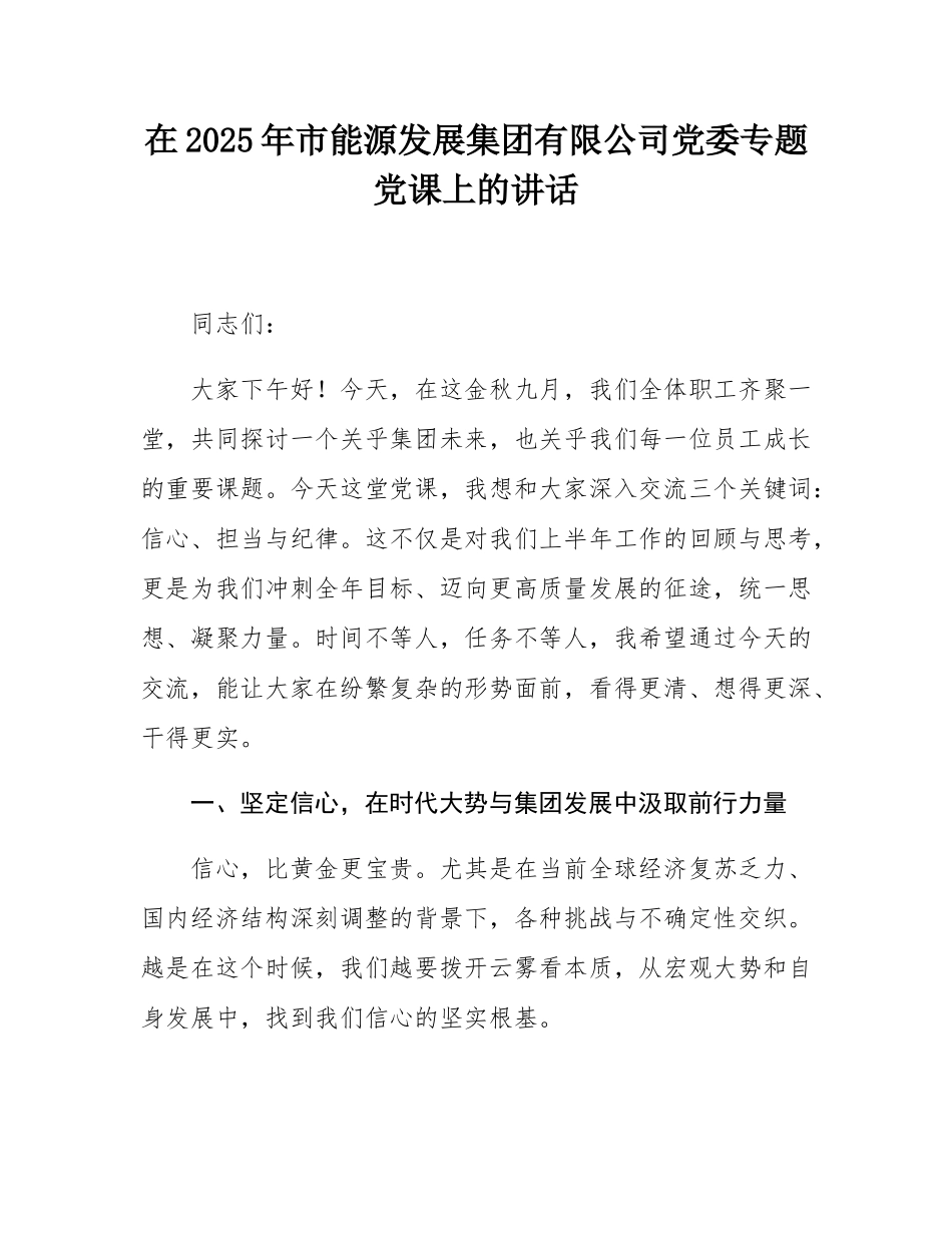 在2025年市能源发展集团有限公司党委专题党课上的讲话.docx_第1页