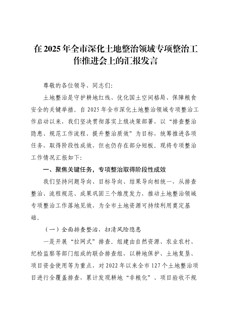 在2025年全市深化土地整治领域专项整治工作推进会上的汇报发言.docx_第1页