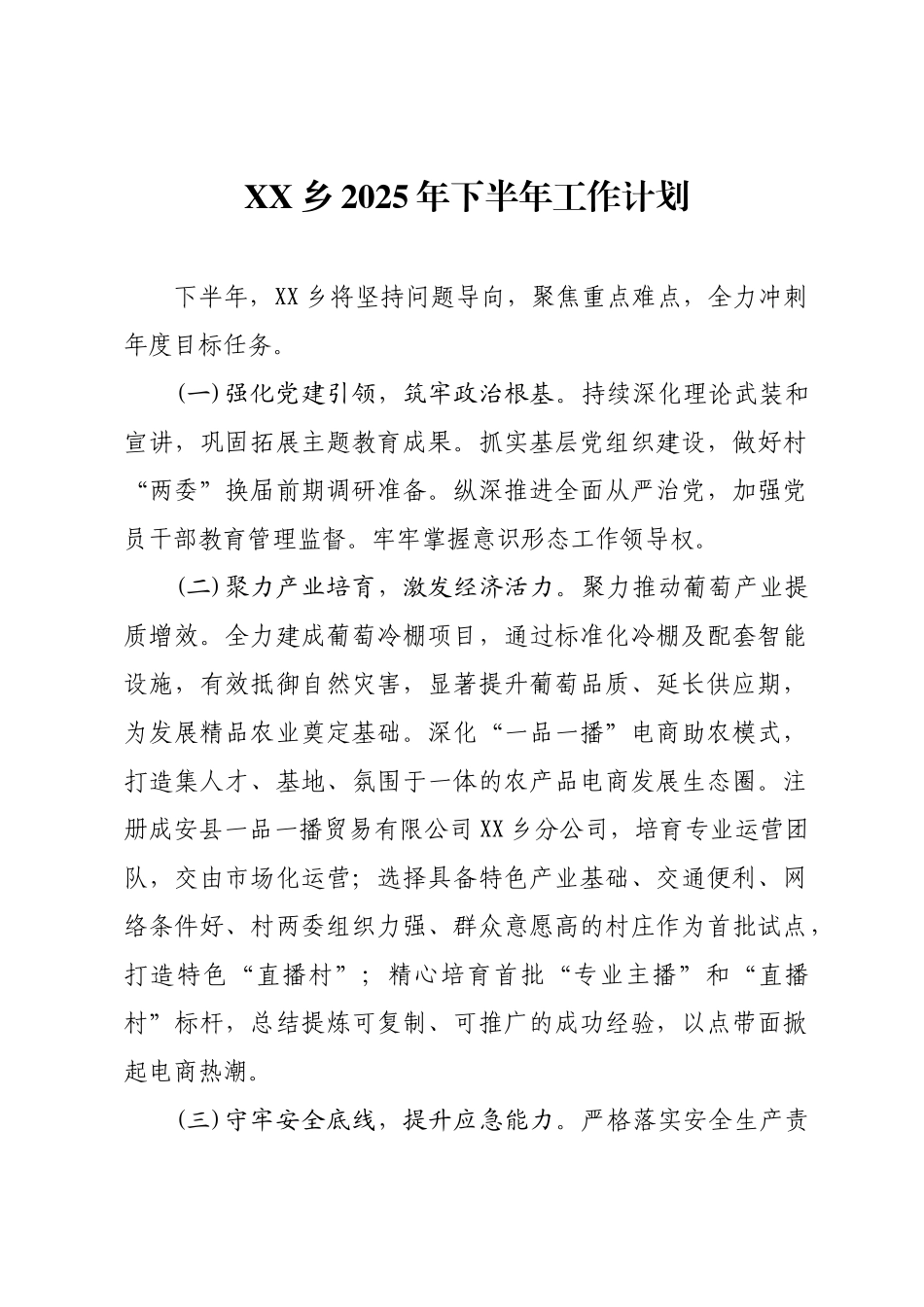 XX乡2025年下半年工作计划.docx_第1页