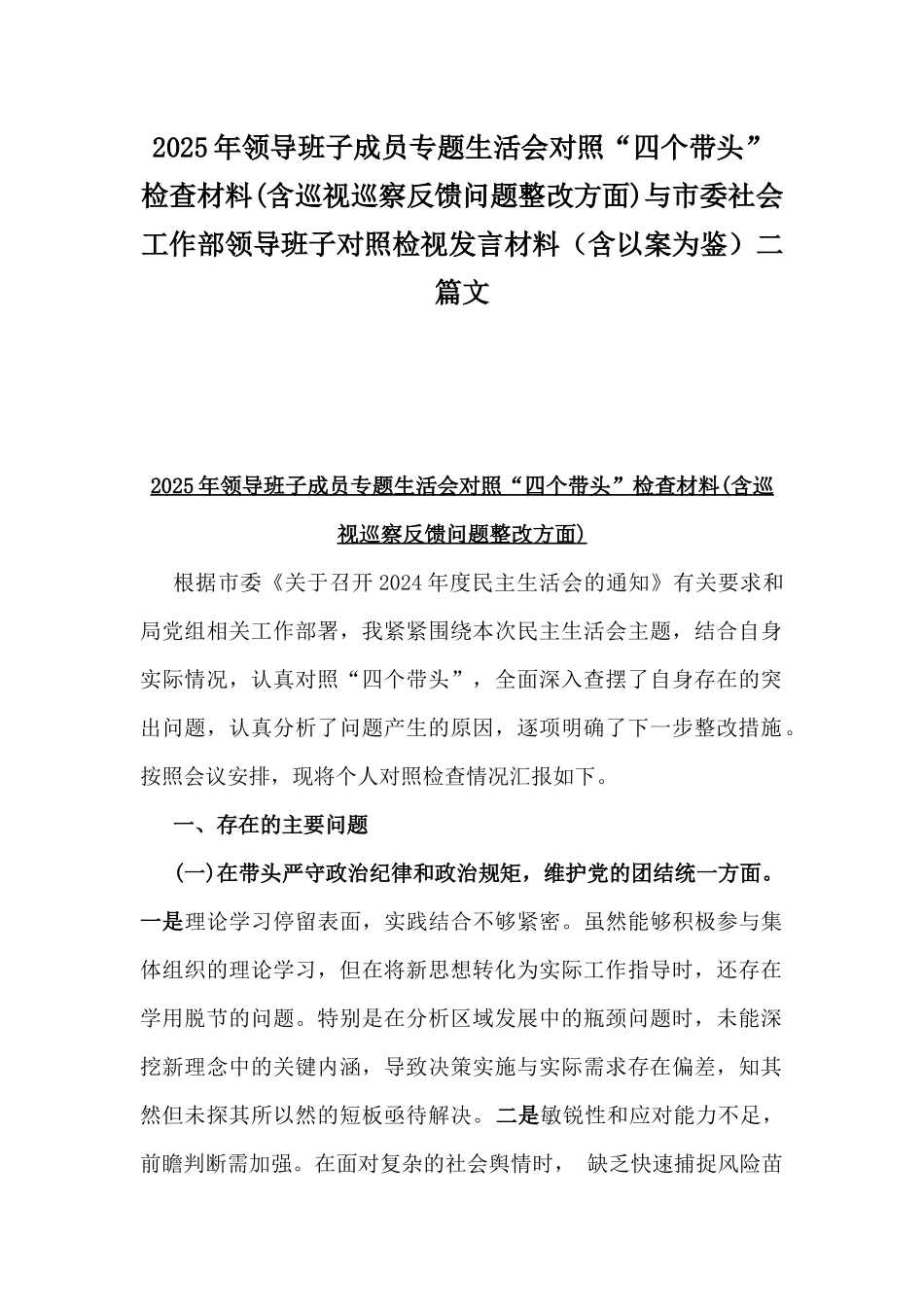 2025年领导班子成员专题生活会对照“四个带头”检查材料(含巡视巡察反馈问题整改方面)与市委社会工作部领导班子对照检视发言材料（含以案为鉴）二篇文.docx_第1页