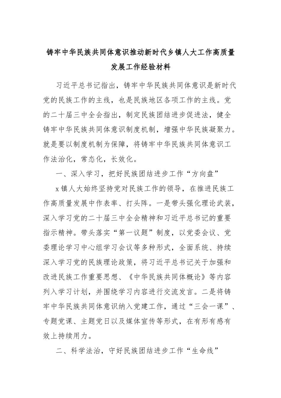 铸牢中华民族共同体意识推动新时代乡镇人大工作高质量发展工作经验材料.docx_第1页