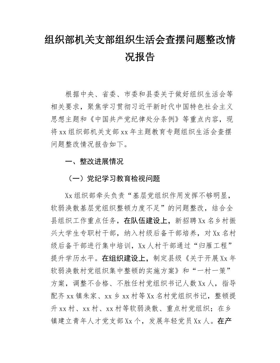组织部机关支部组织SH会查摆问题整改情况报告.docx_第1页