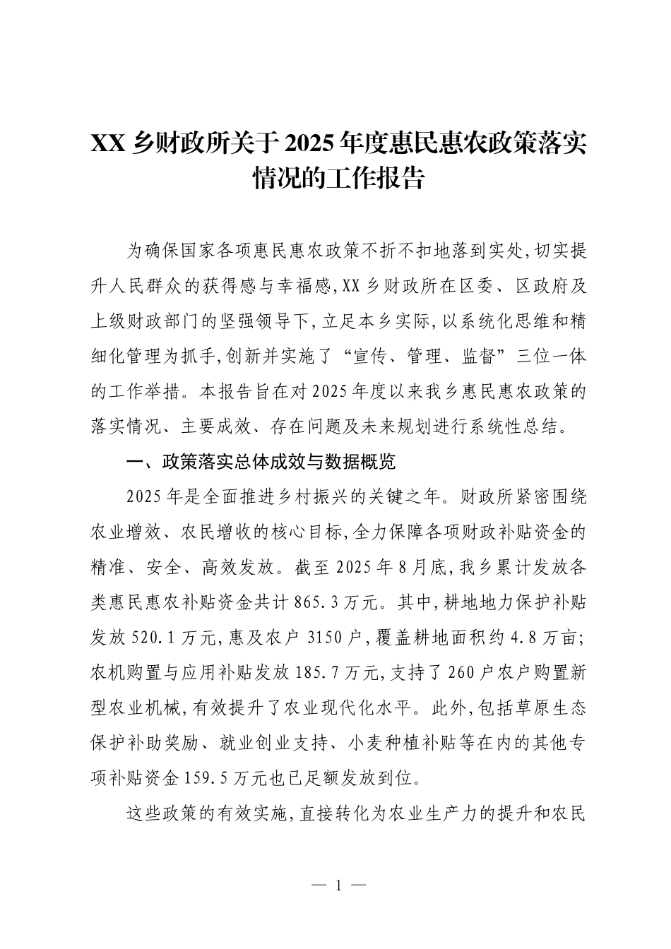 XX乡财政所关于2025年度惠民惠农政策落实情况的工作报告.docx_第1页