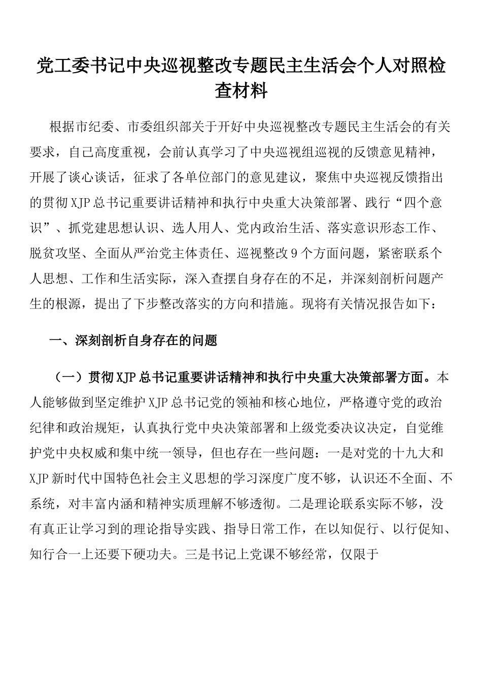 党工委书记中央巡视整改专题民主生活会个人对照检查材料.docx_第1页