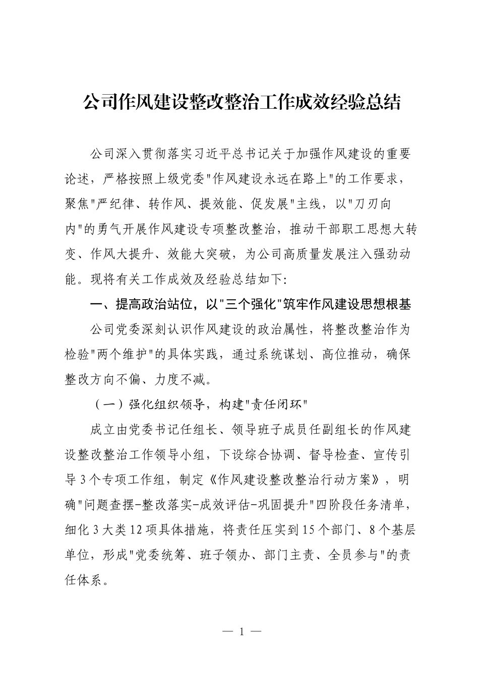 公司作风建设整改整治工作成效经验总结.docx_第1页