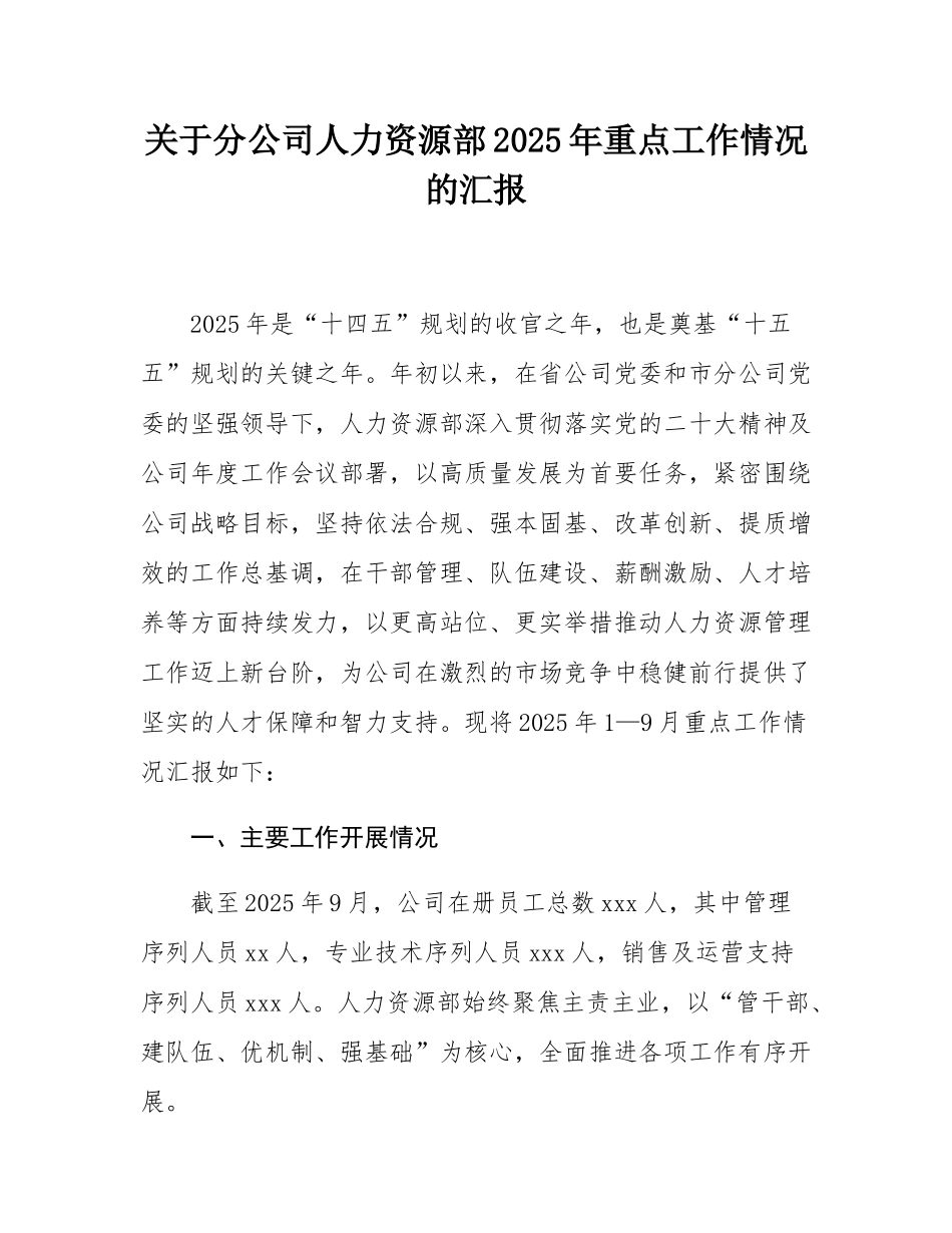 关于分公司人力资源部2025年重点工作情况的汇报.docx_第1页