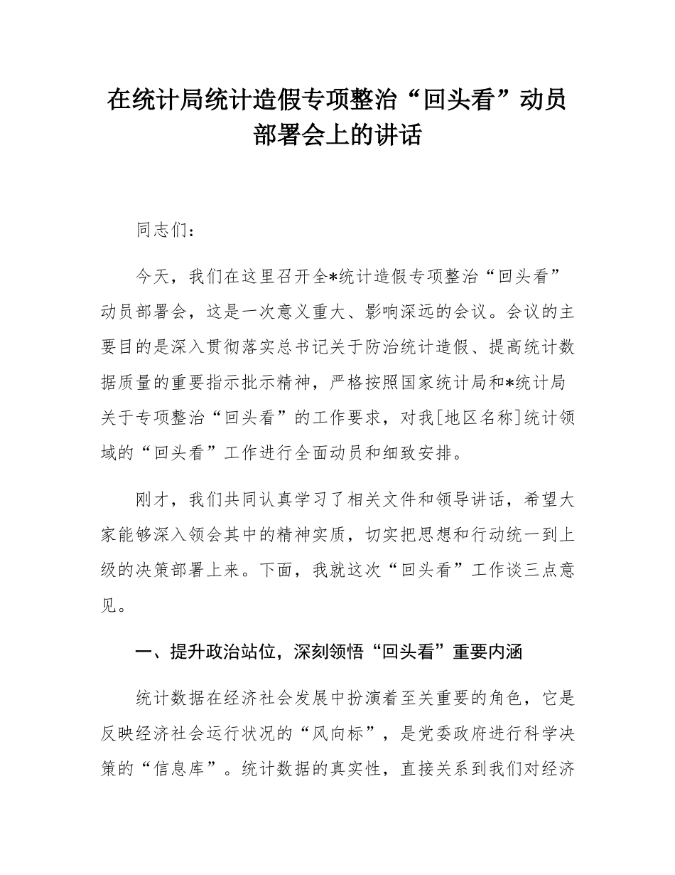 在统计局统计造假专项整治“回头看”动员部署会上的讲话.docx_第1页