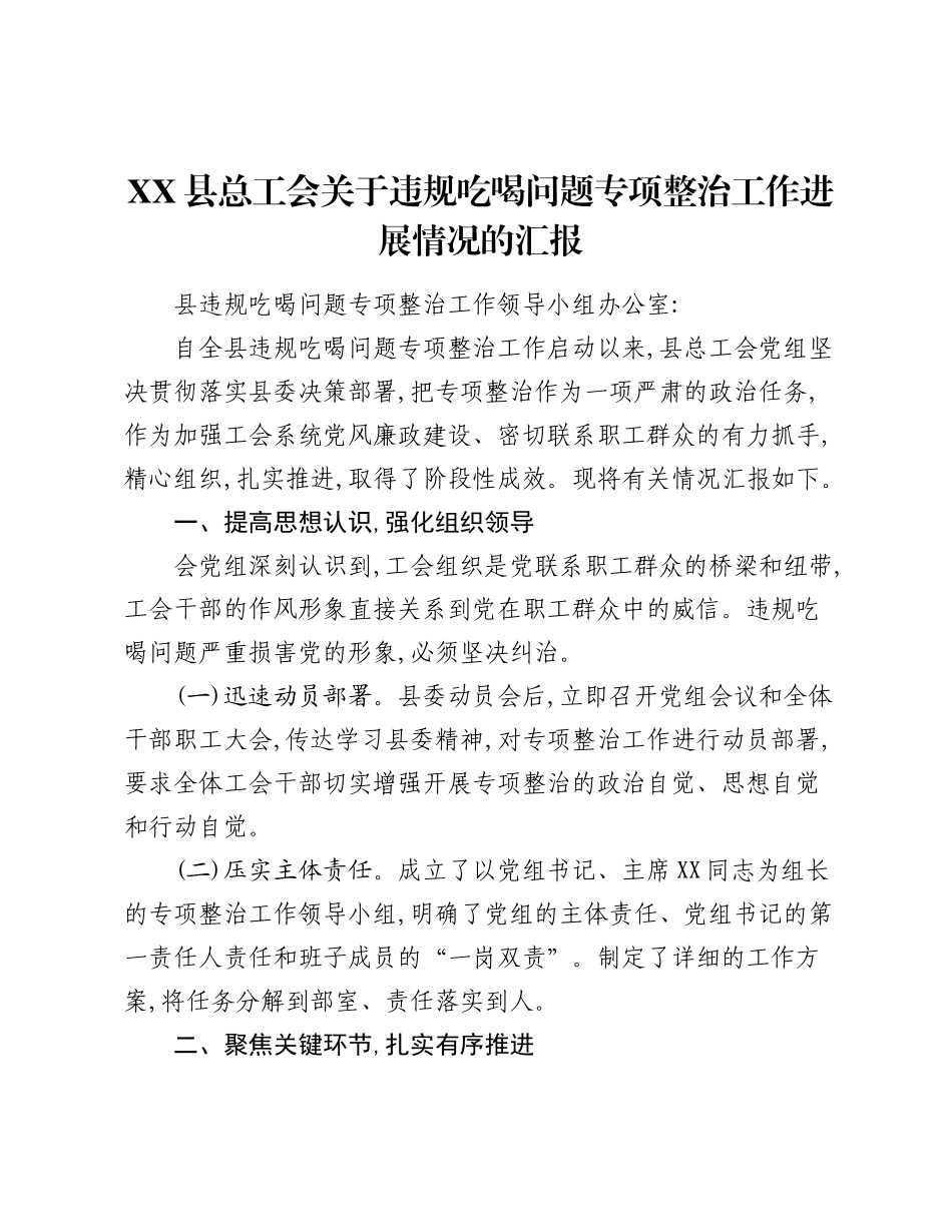 XX县总工会关于违规吃喝问题专项整治工作进展情况的汇报.docx_第1页