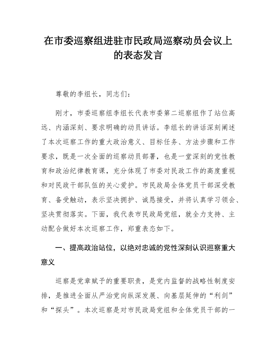 在市委巡察组进驻市民政局巡察动员会议上的表态发言.docx_第1页