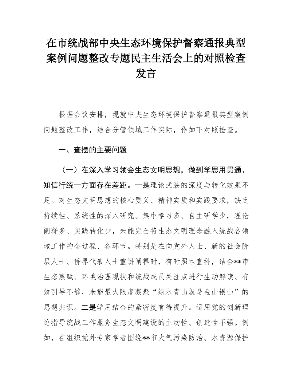 在市统战部中央生态环境保护督察通报典型案例问题整改专题民主SH会上的对照检查发言.docx_第1页
