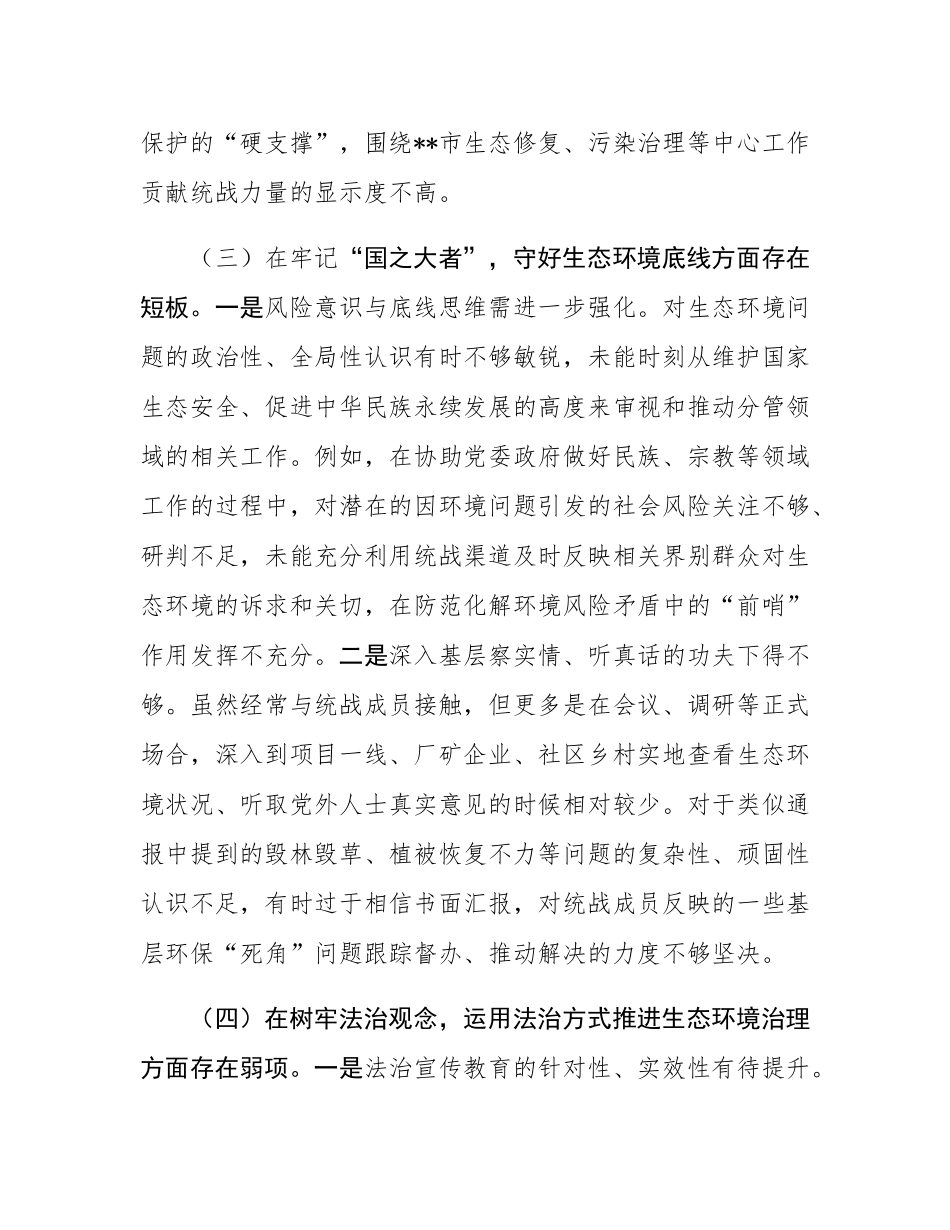 在市统战部中央生态环境保护督察通报典型案例问题整改专题民主SH会上的对照检查发言.docx_第3页