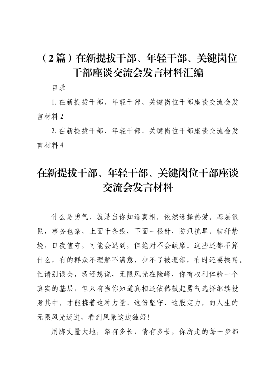 在新提拔干部、年轻干部、关键岗位干部座谈交流会发言材料汇编2篇.docx_第1页