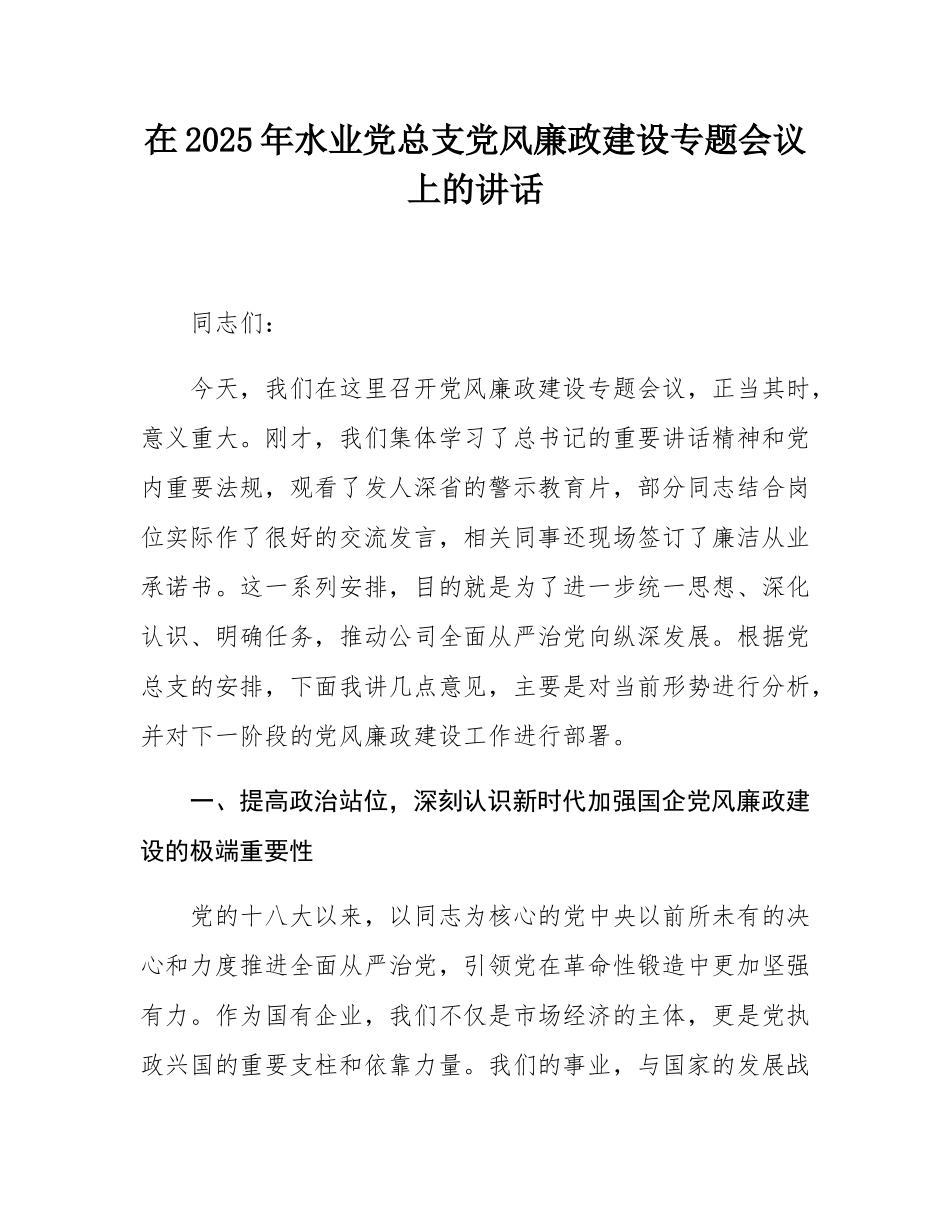 在2025年水业党总支党风廉政建设专题会议上的讲话.docx_第1页