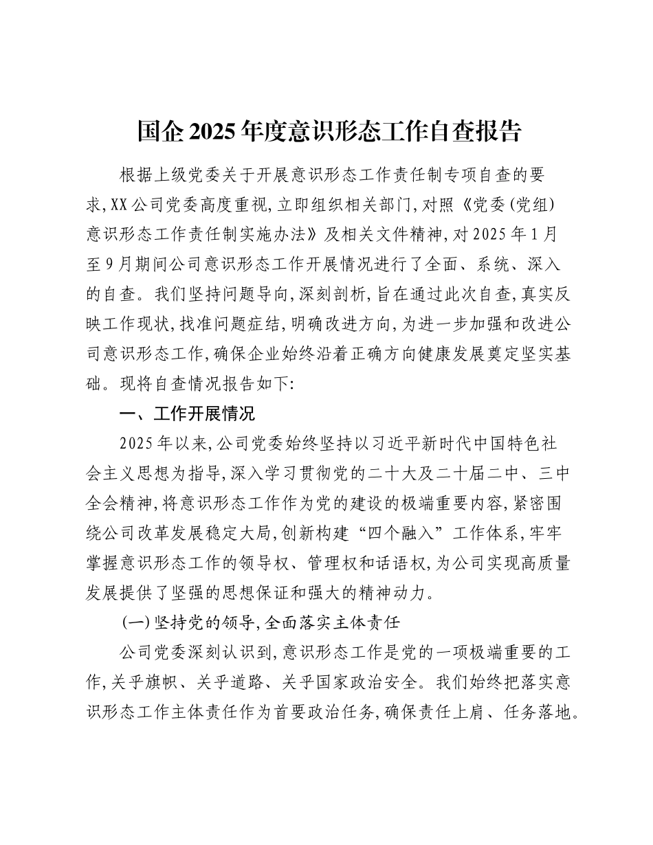国企2025年度意识形态工作自查报告.docx_第1页