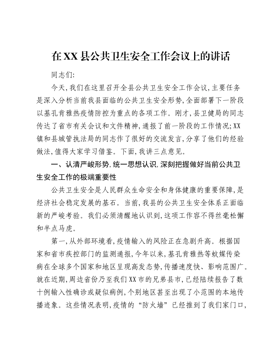 在XX县公共卫生安全工作会议上的讲话.docx_第1页