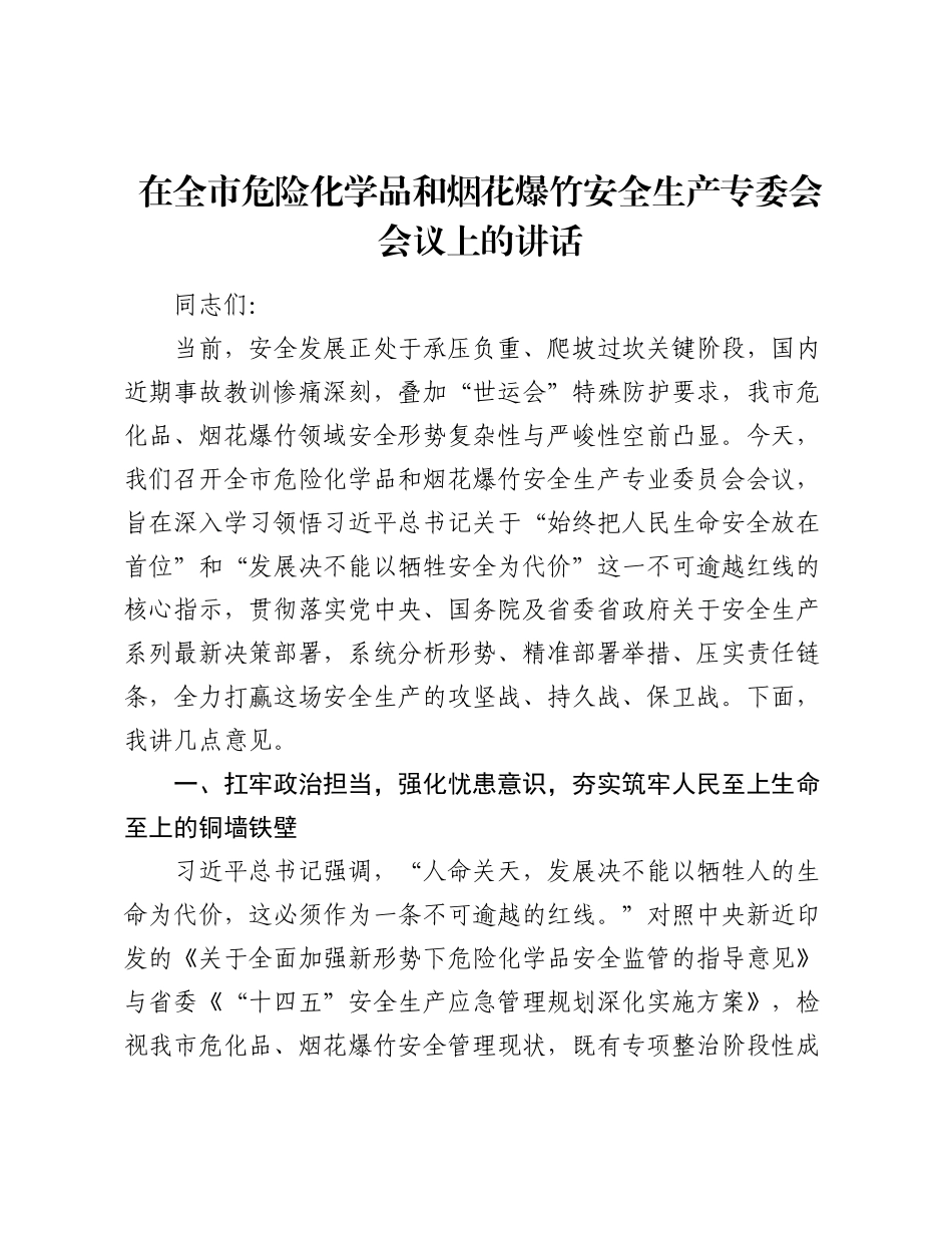 在全市危险化学品和烟花爆竹安全生产专委会会议上的讲话（2）.docx_第1页