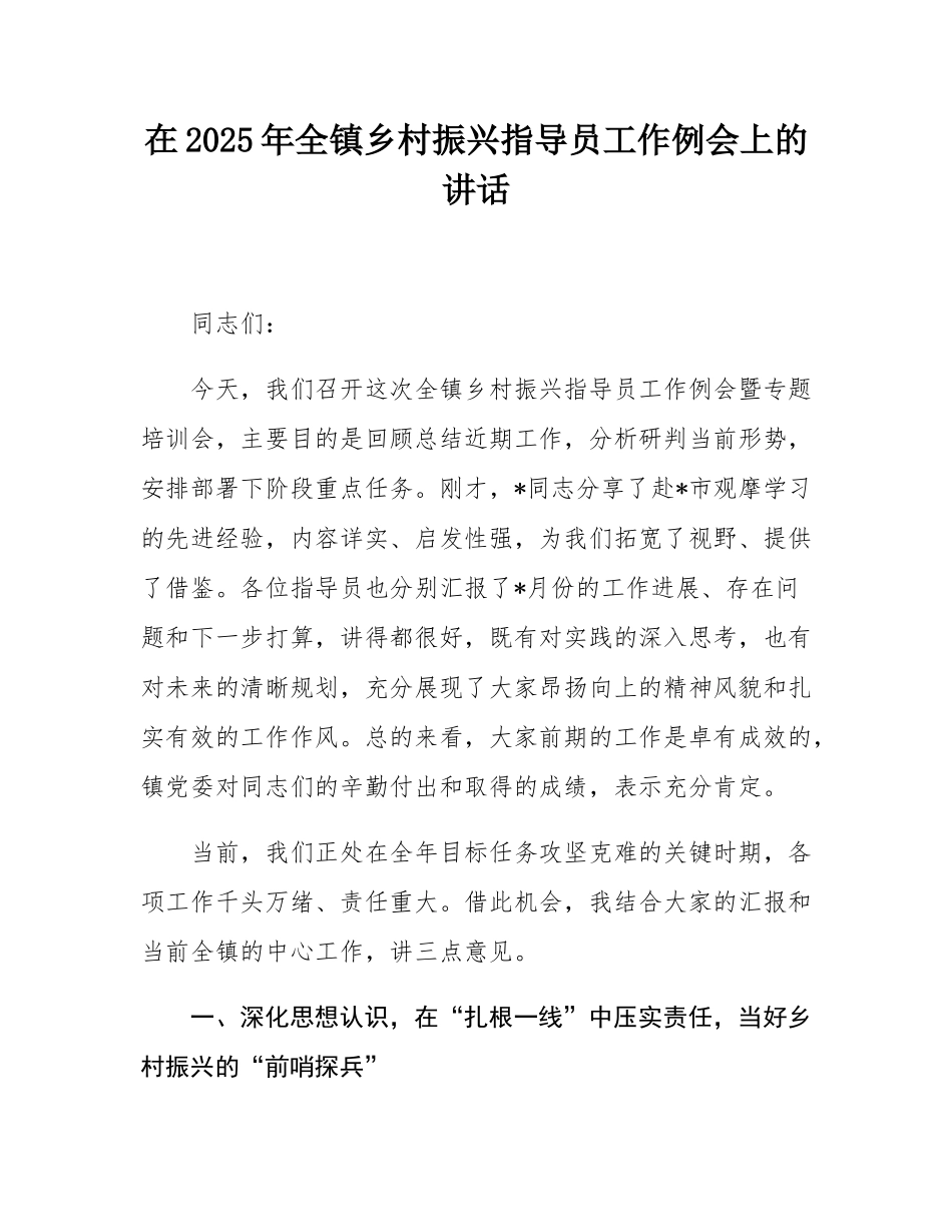 在2025年全镇乡村振兴指导员工作例会上的讲话.docx_第1页