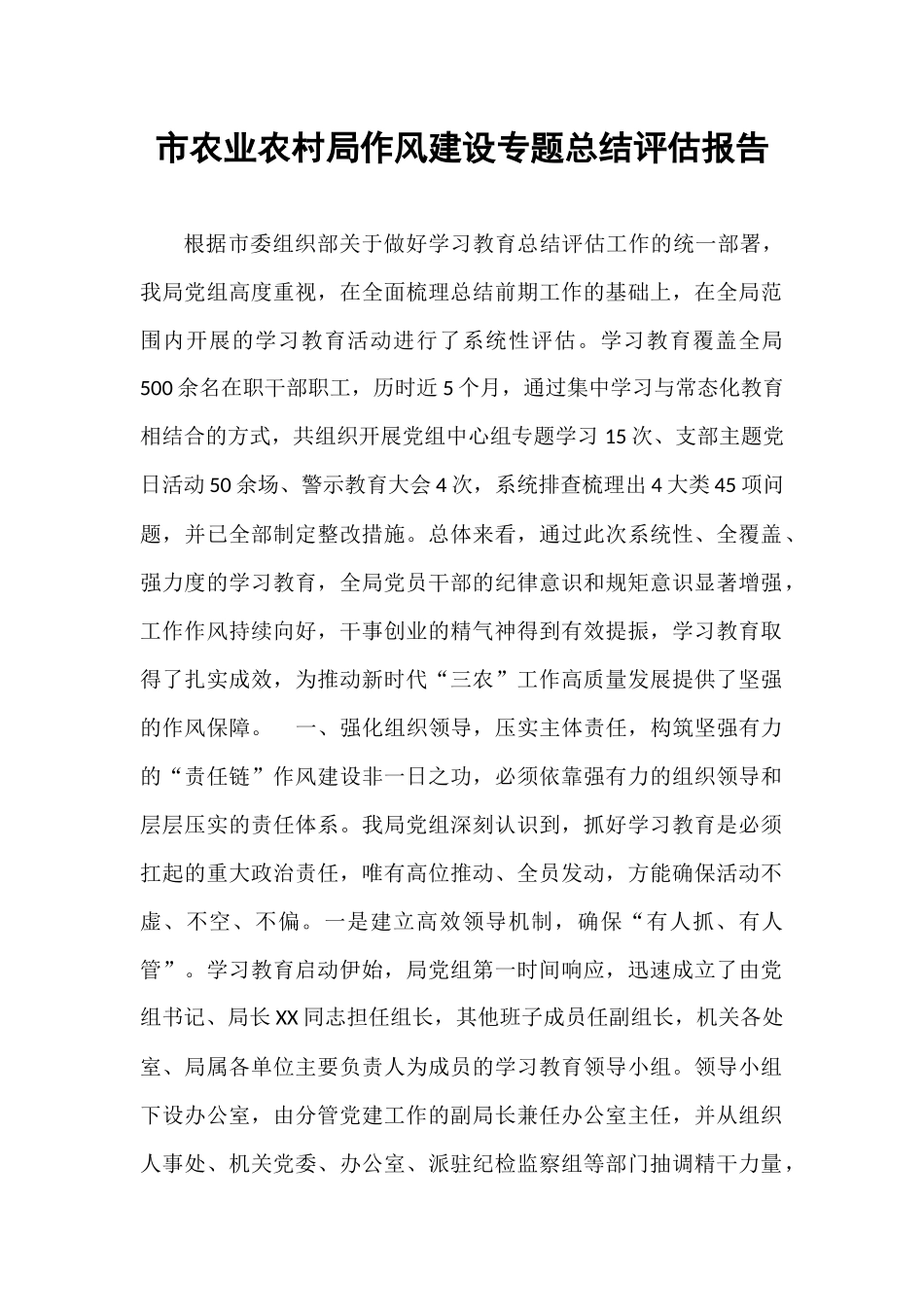 市农业农村局作风建设专题总结评估报告.docx_第1页