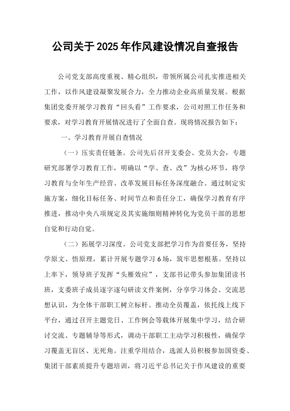 公司关于2025年作风建设情况自查报告.docx_第1页