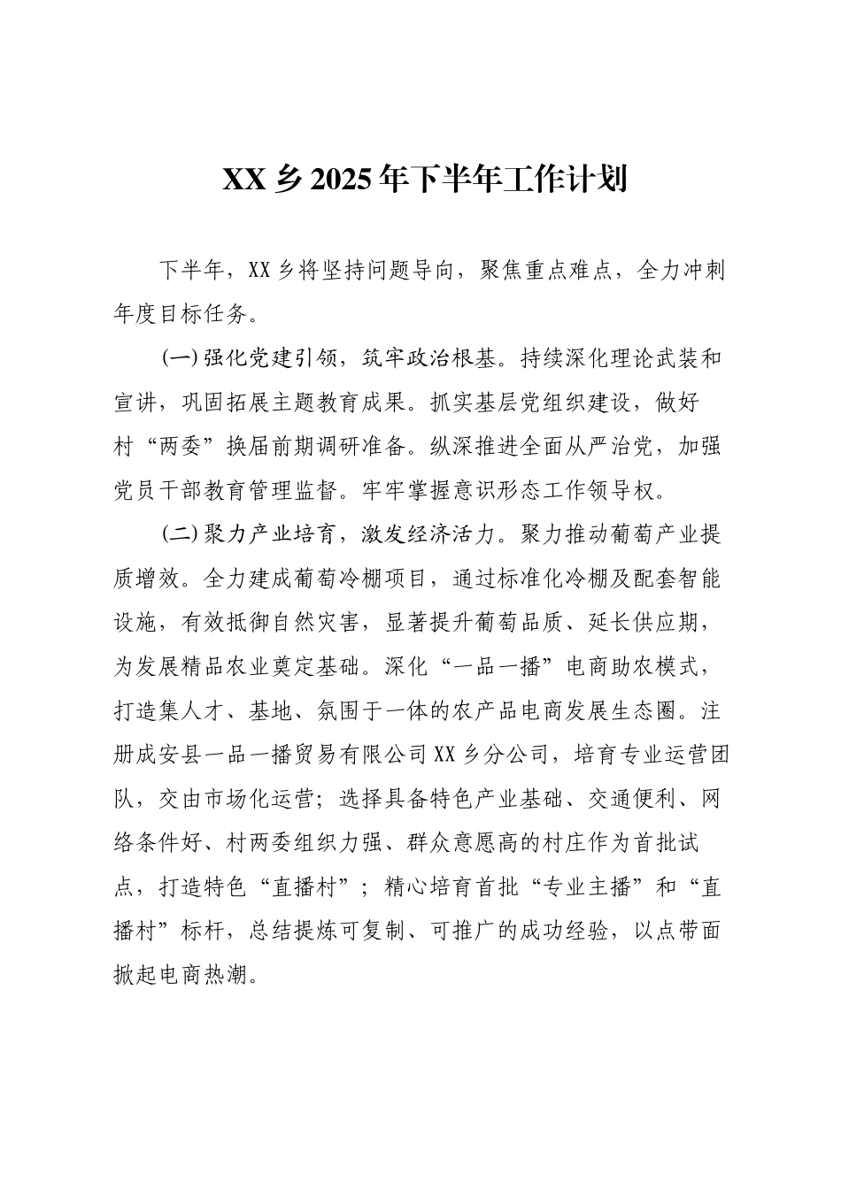 XX乡2025年下半年工作计划.docx_第1页