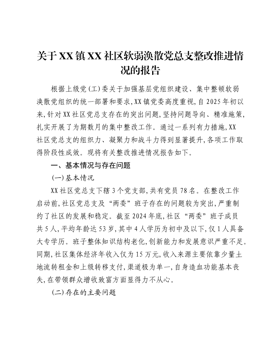 关于XX镇XX社区软弱涣散党总支整改推进情况的报告.docx_第1页
