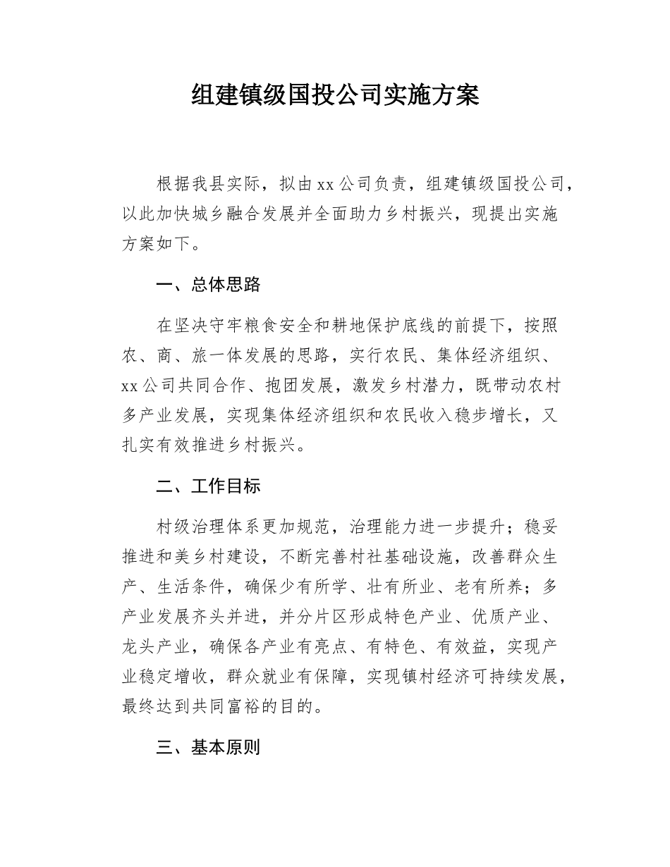 组建镇级国投公司实施方案.docx_第1页