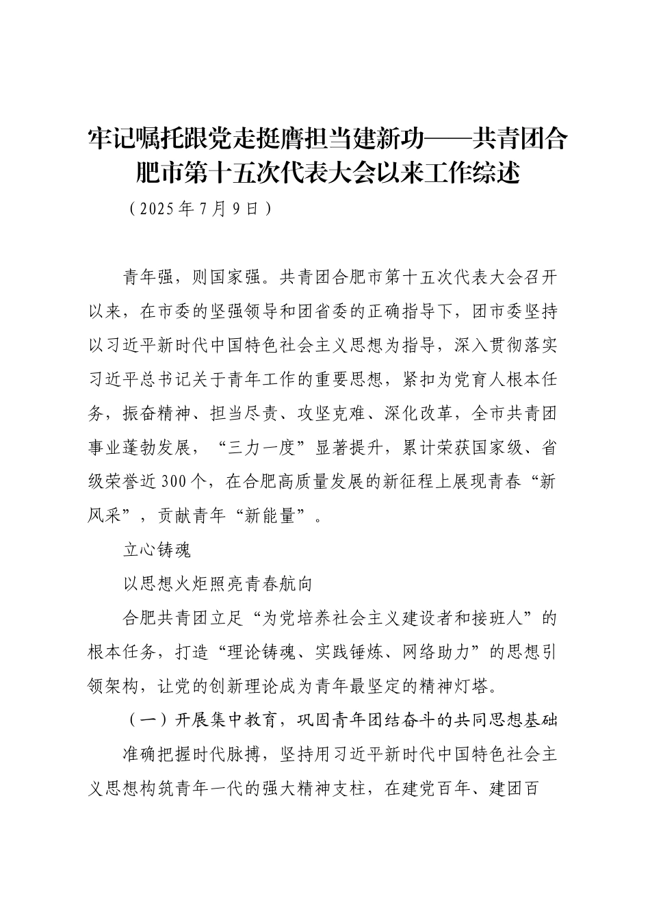 牢记嘱托跟党走挺膺担当建新功——共青团合肥市第十五次代表大会以来工作综述.docx_第1页
