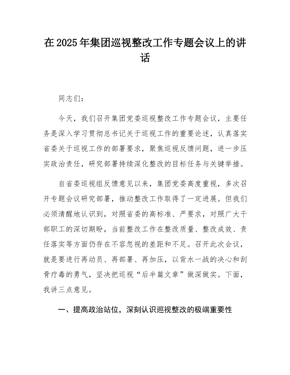 在2025年集团巡视整改工作专题会议上的讲话.docx_第1页