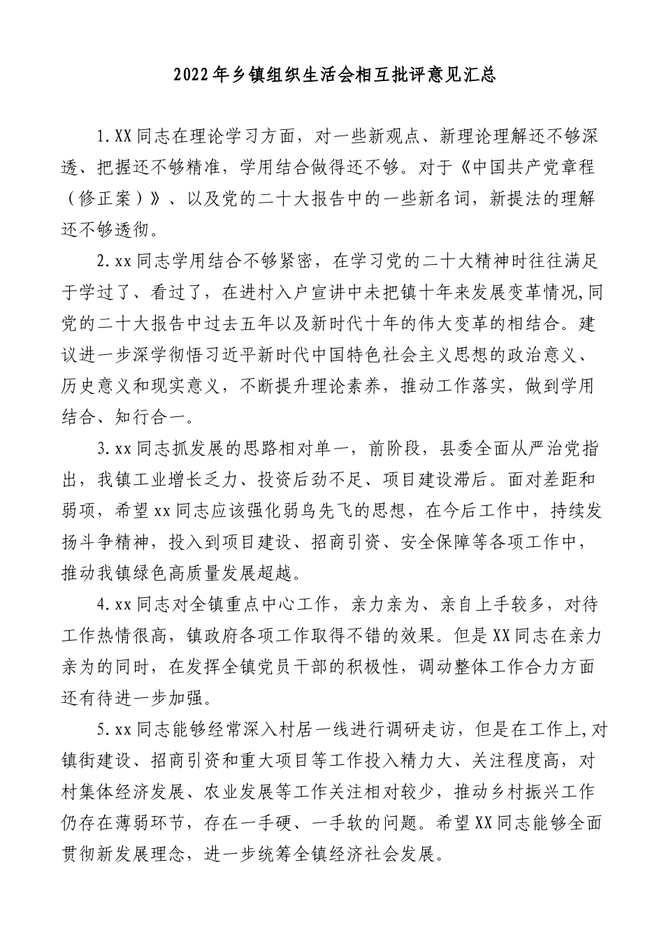 (50组)2022年乡镇民主生活会组织生活会相互批评意见汇总.docx_第1页