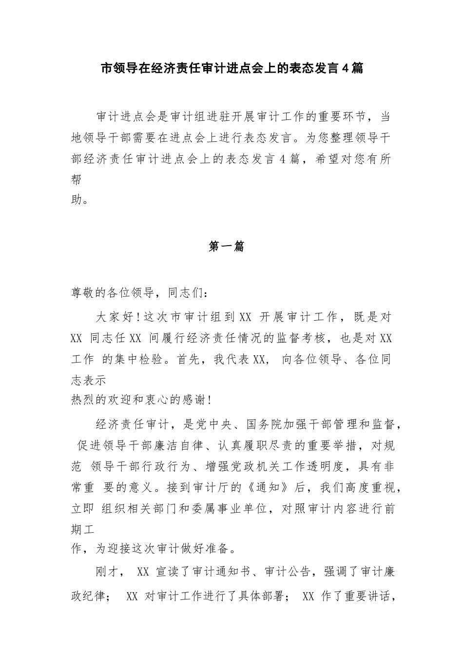 市领导在经济责任审计进点会上的表态发言4篇.docx_第1页
