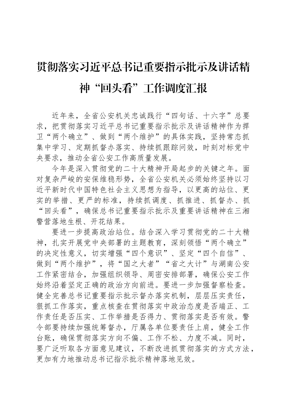 贯彻落实习近平总书记重要指示批示及讲话精神“回头看”工作调度汇报.docx_第1页