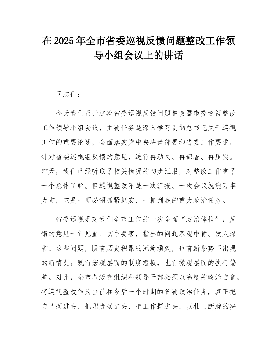 在2025年全市省委巡视反馈问题整改工作领导小组会议上的讲话.docx_第1页