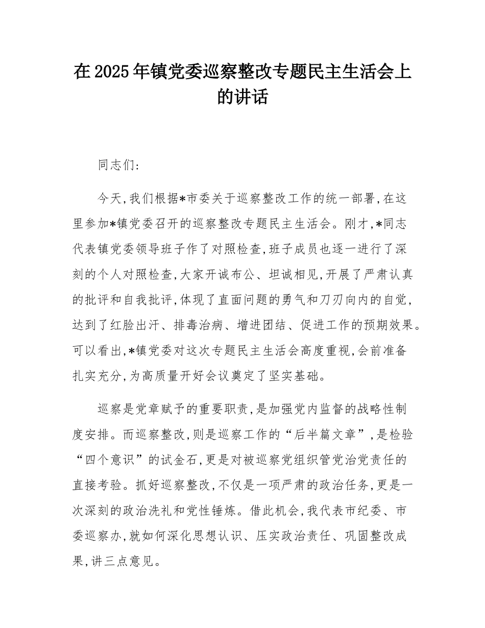 在2025年镇党委巡察整改专题民主SH会上的讲话.docx_第1页