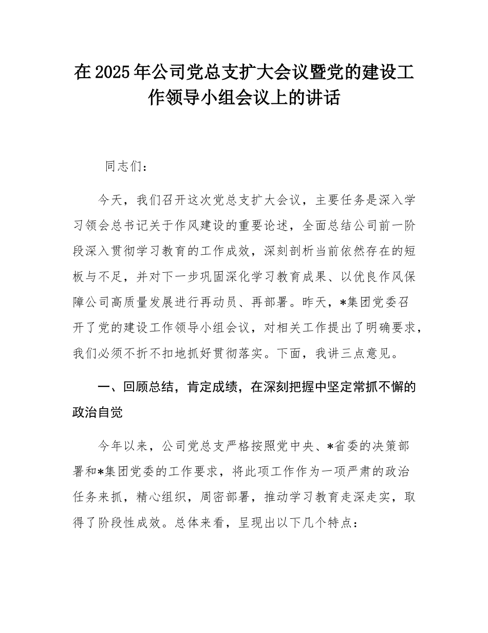 在2025年公司党总支扩大会议暨党的建设工作领导小组会议上的讲话.docx_第1页