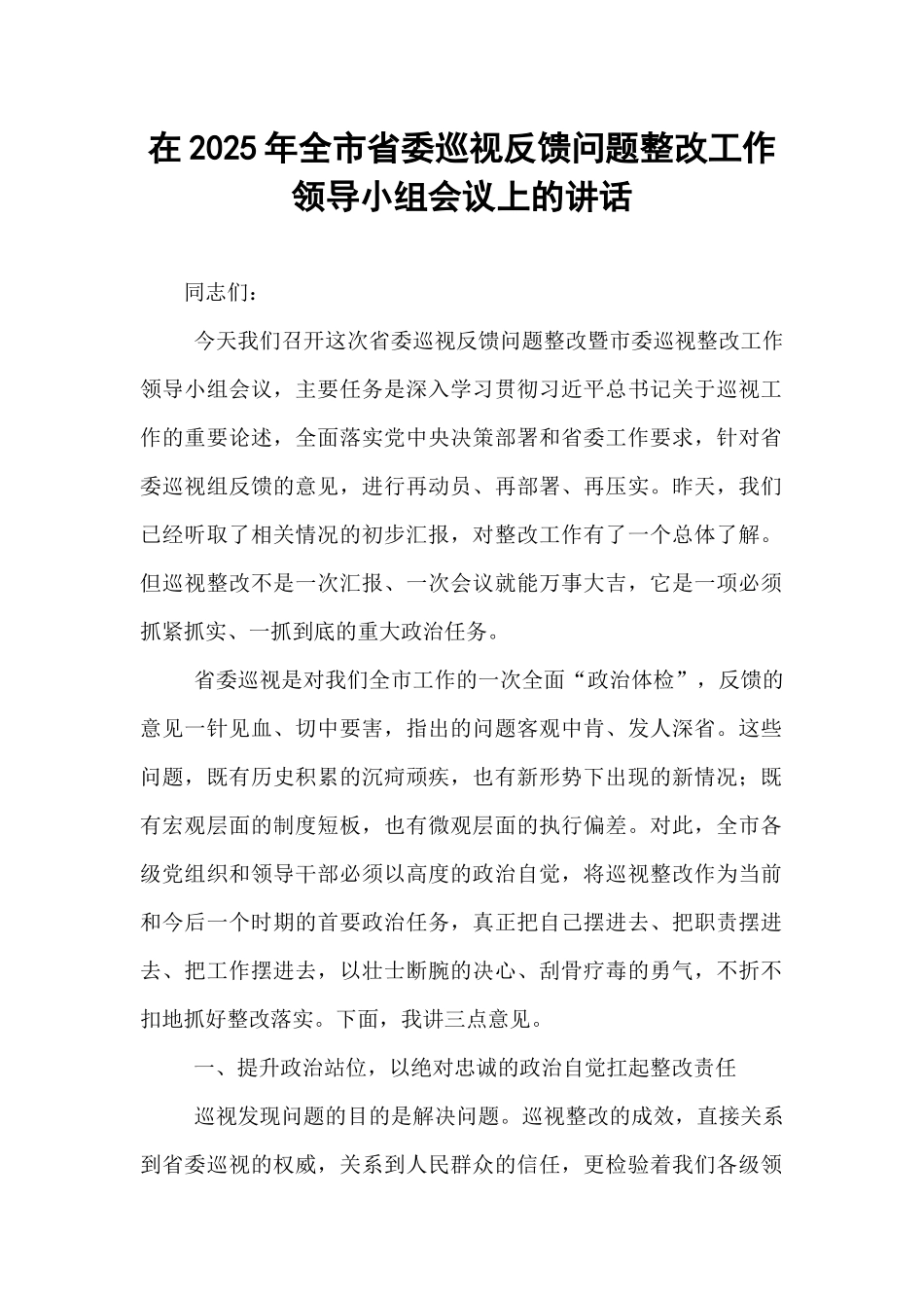 在2025年全市省委巡视反馈问题整改工作领导小组会议上的讲话.docx_第1页