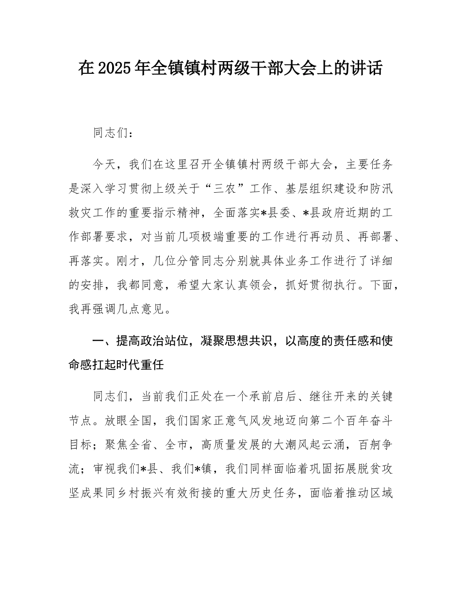 在2025年全镇镇村两级干部大会上的讲话.docx_第1页