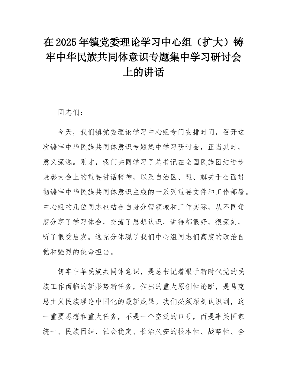 在2025年镇党委理论学习中心组（扩大）铸牢中华民族共同体意识专题集中学习研讨会上的讲话.docx_第1页