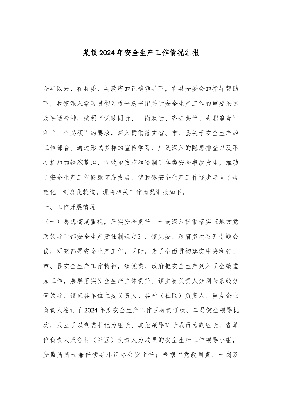 某镇2024年安全生产工作情况汇报.docx_第1页