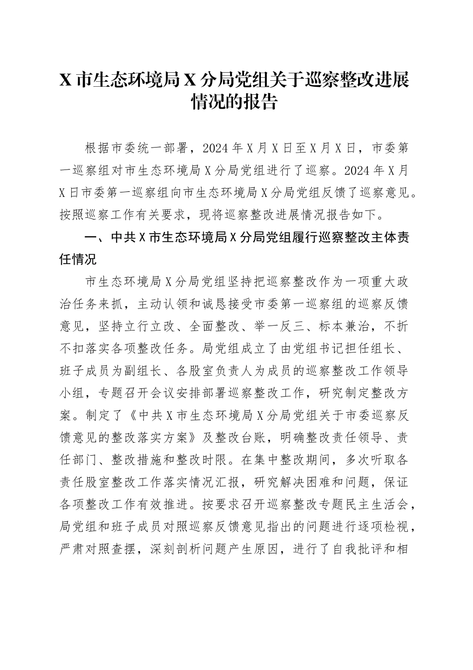 X市生态环境局X分局党组关于巡察整改进展情况的报告.docx_第1页