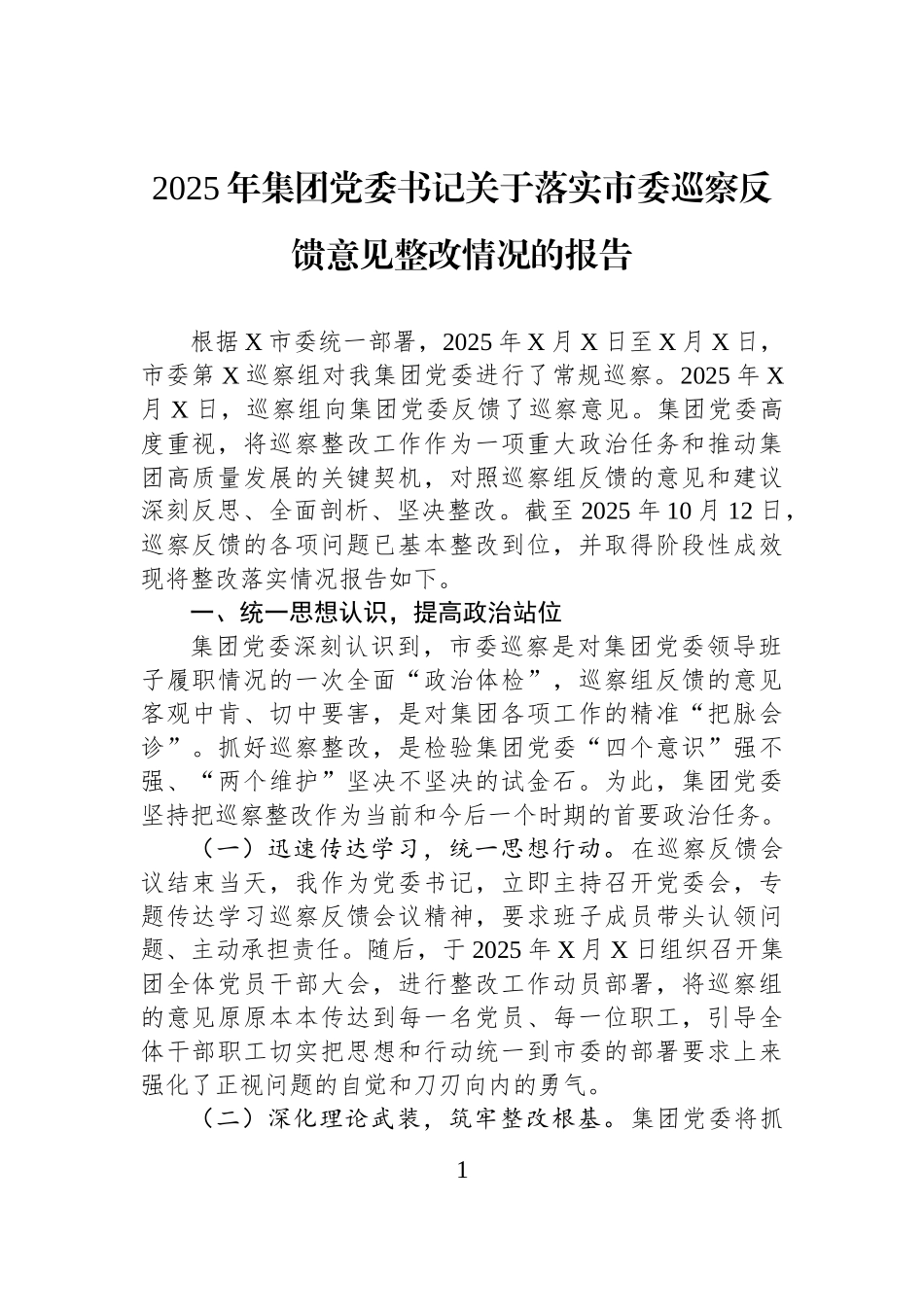 2025年集团党委书记关于落实市委巡察反馈意见整改情况的报告.docx_第1页