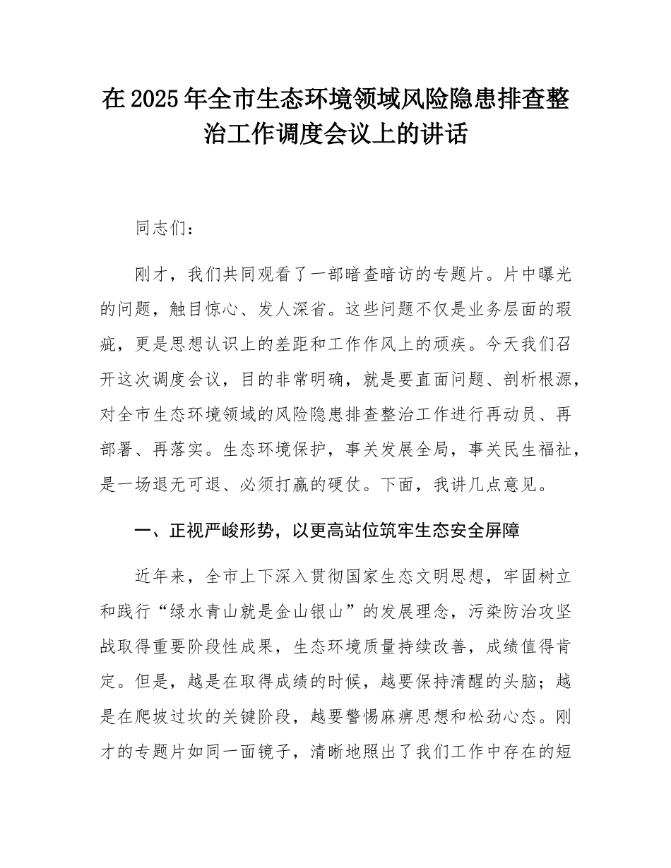 在2025年全市生态环境领域风险隐患排查整治工作调度会议上的讲话.docx_第1页