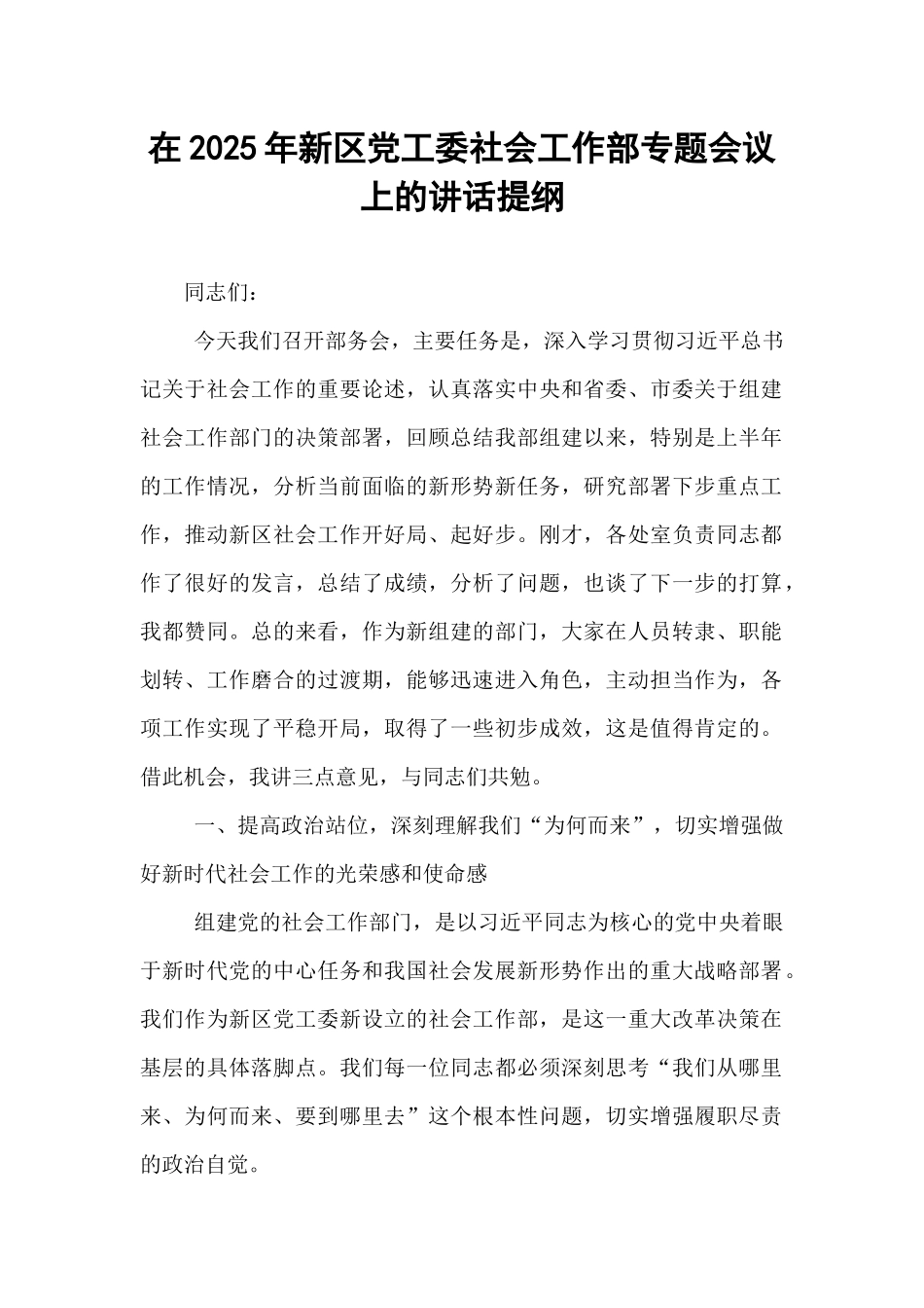 在2025年新区党工委社会工作部专题会议上的讲话提纲.docx_第1页