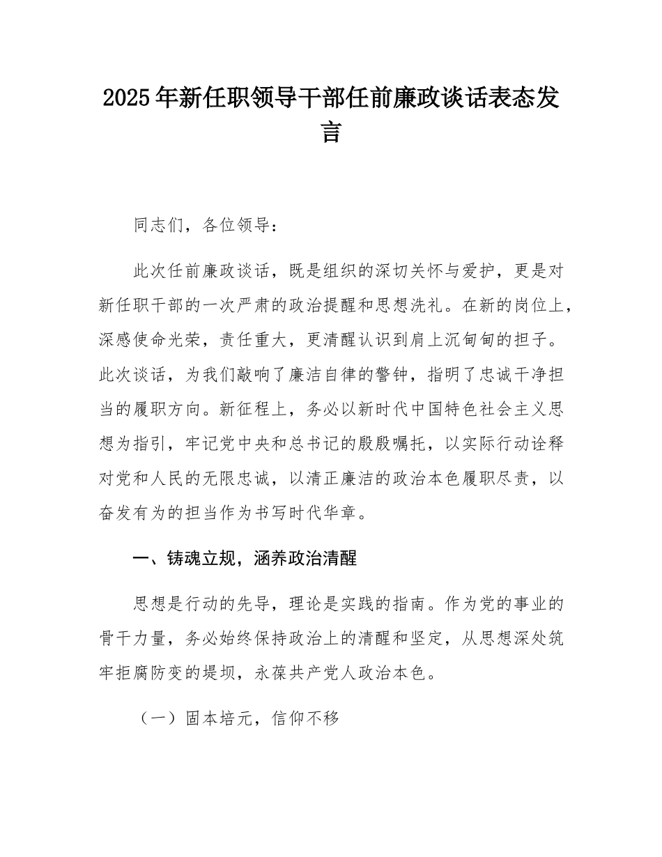 2025年新任职领导干部任前廉政谈话表态发言.docx_第1页