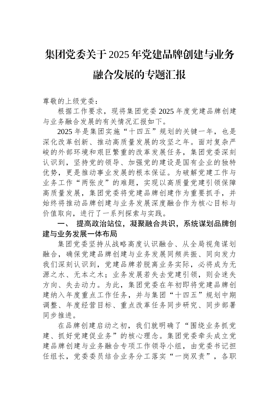 集团党委关于2025年党建品牌创建与业务融合发展的专题汇报.docx_第1页