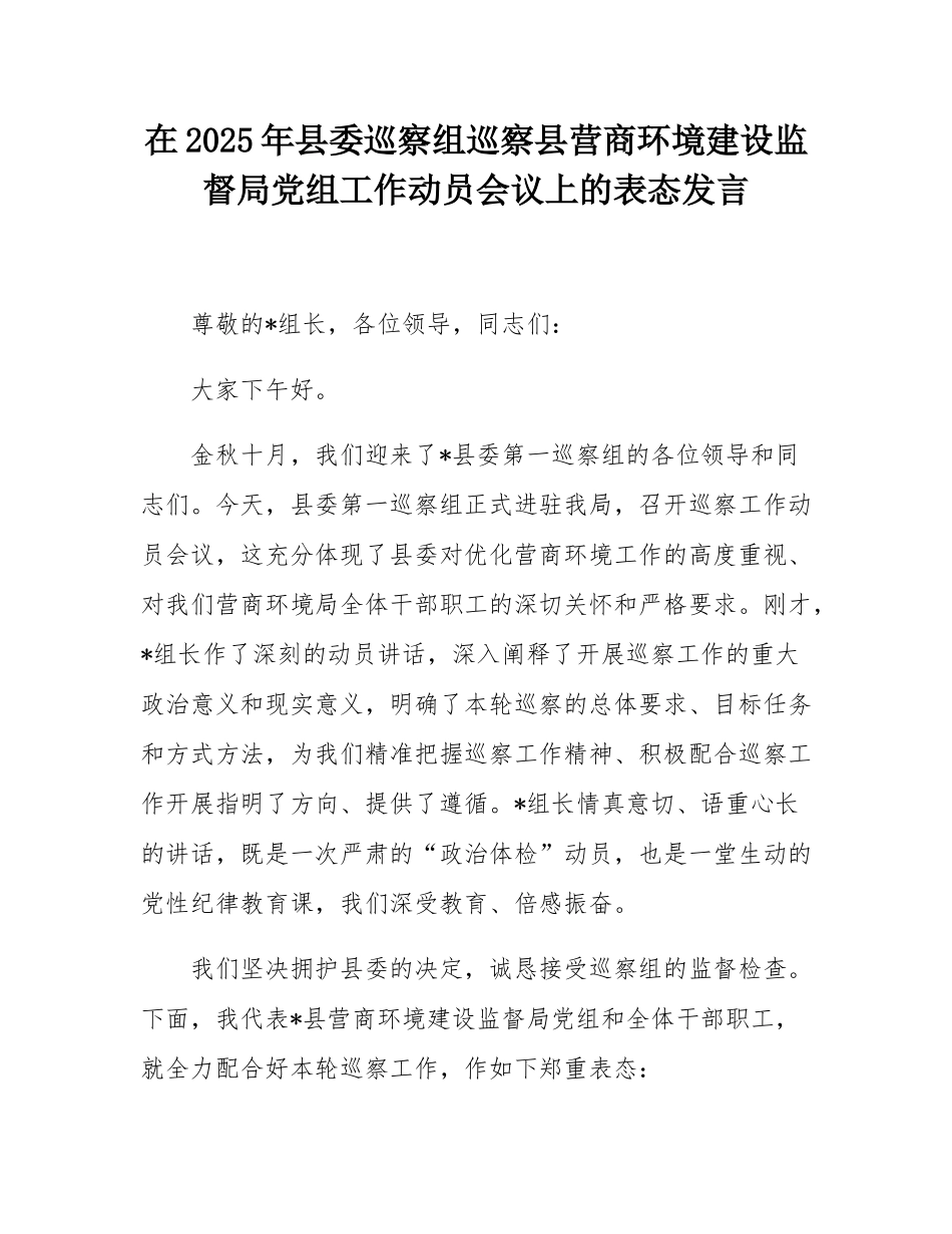 在2025年县委巡察组巡察县营商环境建设监督局党组工作动员会议上的表态发言.docx_第1页