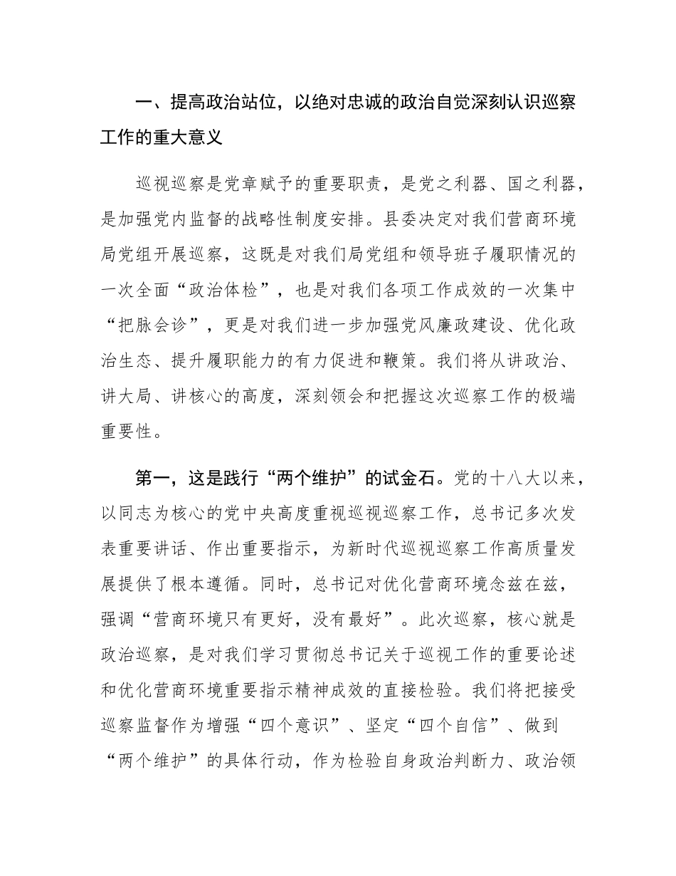在2025年县委巡察组巡察县营商环境建设监督局党组工作动员会议上的表态发言.docx_第2页